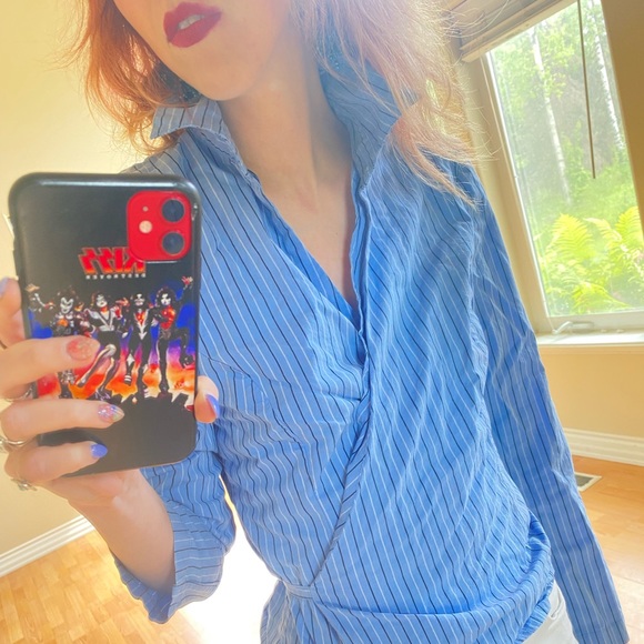 Collared Striped Wrap Top - Picture 2 of 7